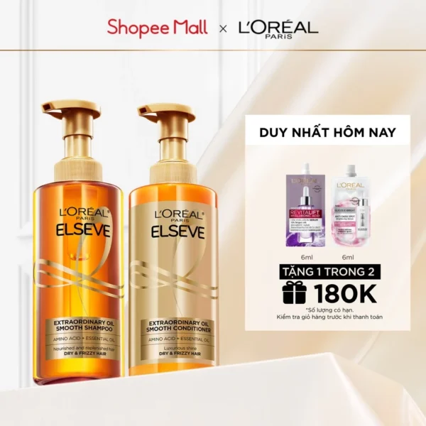 Bộ gội xả dưỡng tóc suôn mượt cao cấp L'Oreal Paris Extraordinary Oil Smooth 440ml x2